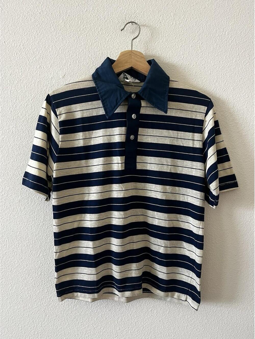 Vintage Cross Court Striped Knit Polo Shirt Navy Cream L